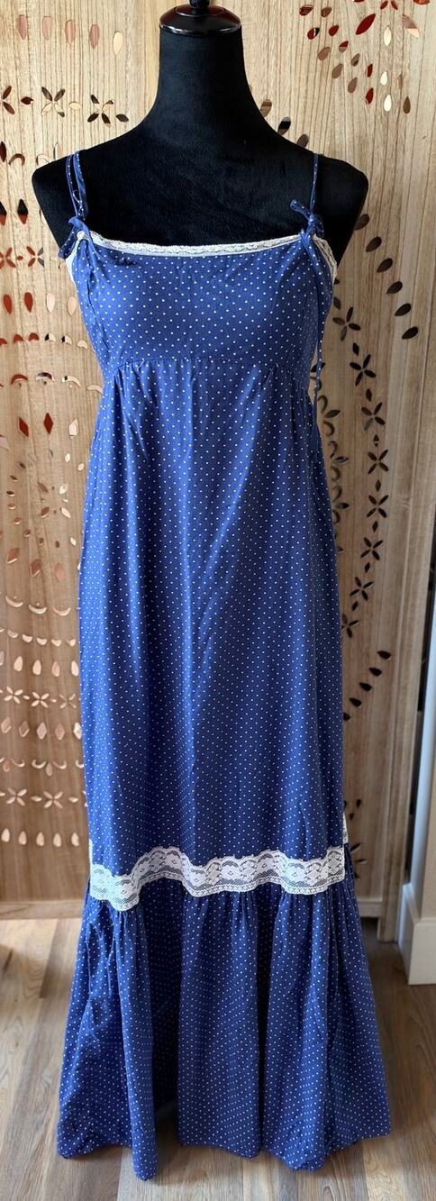 VINTAGE 1970's Polka Dot Lace Trim Tiered Prairie Maxi Dress Size S